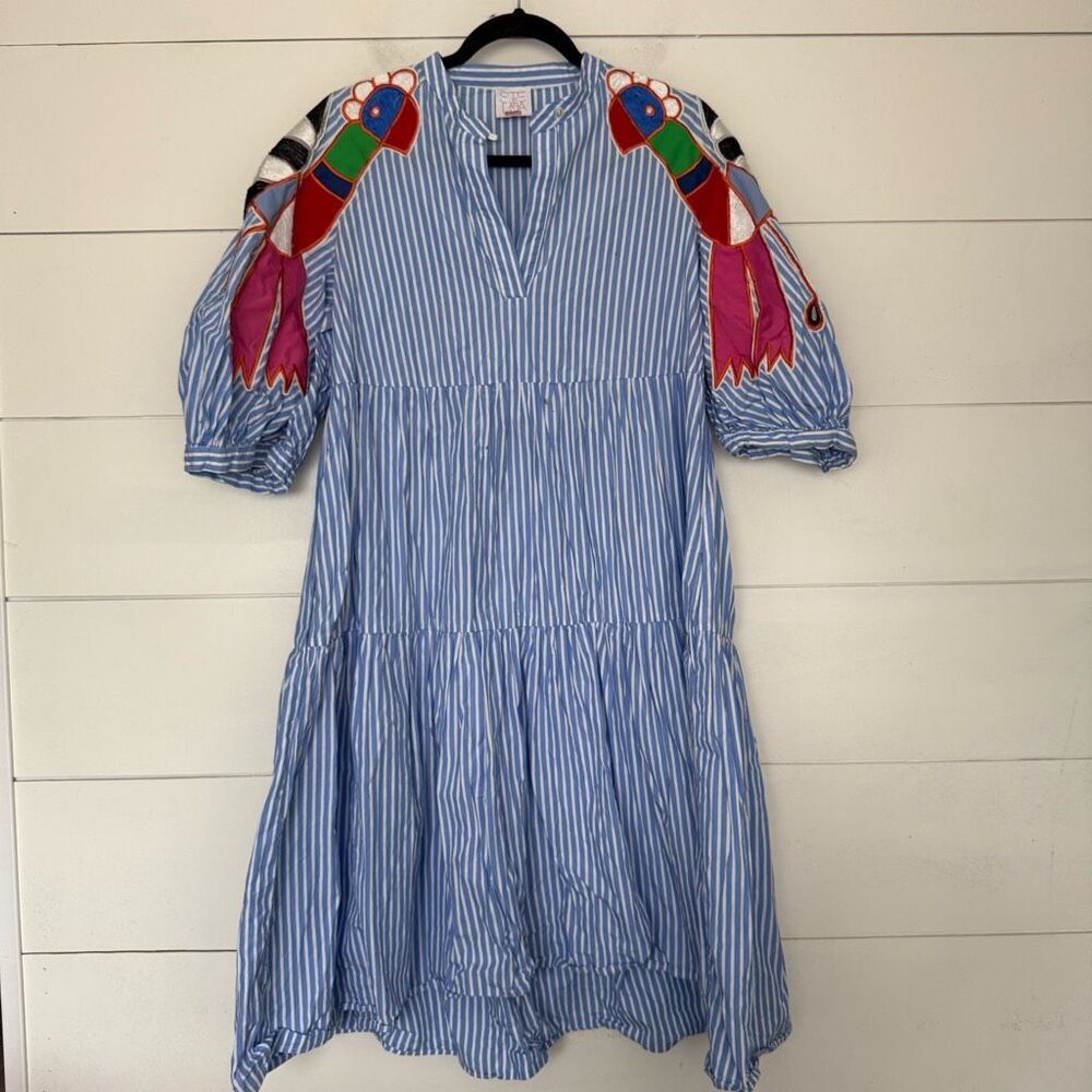 Stella Jean Blue & Multicolor Striped Midi Dress with Embroidered Sleeves